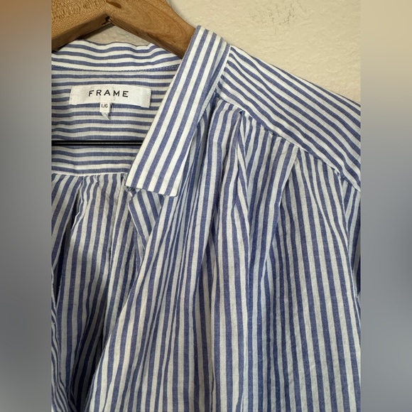Frame Denim Pleated Clean Collar Blouse Navy Multi Blue White Stripe size Large - Picture 10 of 16